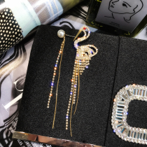 Korean version of luxury advanced sense asymmetric bird earrings temperament long crystal tassel earrings Net red ear jewelry women