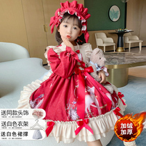 Girl red Lolita autumn winter children's New Year dress princess skirt baby dress with velvet and thickened New Year's clothing