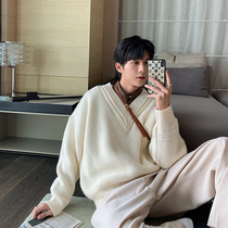 Hualun sweater V-neck knit shirt male couple sweater loose Korean version of the lazy wind loose baguette