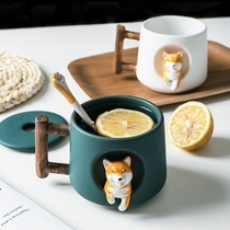 Cartoon ceramic wood dog mug with lid spoon small animal female cute couple water cup office coffee oatmeal Cup