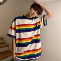 Summer new rainbow striped short sleeve T-shirt for mens boomers Masculinity Fashion with 50%-and-half-sleeve compassion