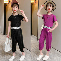 Korean Girls Set Fried Street Childrens Clothing Girls Summer 2021 New Fashion Personality Trend Highlights Glitter Two-Piece Set