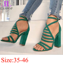 Europe casual thick high heels women green buckle sandals 43