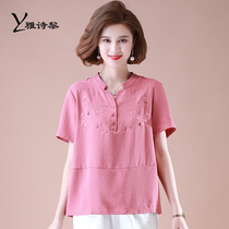 Middle-aged mother summer short sleeve T-shirt coat cotton linen womens summer thin loose linen middle-aged and elderly mother clothes
