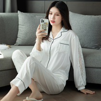 Ice silk pajamas womens long-sleeved spring and autumn Korean version sweet simulation silk two-piece suit womens 2021 new home clothes