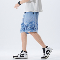 Shorts Mens summer thin loose ice silk printing five-point sweatpants tide brand trend summer wear casual pants outside