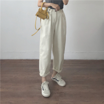 Micro fat girls wear Net red retro banana pants autumn and winter thin jeans elastic waist size loose old pants