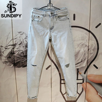  Spring and autumn trend denim trousers slim-fit warm men cut holes retro washed wear small straight pants trend