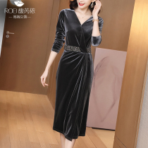 jin si rong dress womens clothing 2021 autumn and winter New dress temperament V-NECK slim long long sleeve base skirt