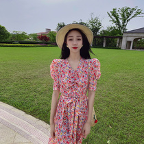 Sweet salt floral dress womens 2021 summer new bubble sleeves sweet temperament printed chiffon skirt