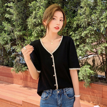 Knitted short sleeve female summer size 2021 New knit shirt fat mm summer black loose V-neck top thin