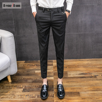 Spring stripe hanging pants men Korean casual pants slim feet ankle-length pants hair stylist drop pants mens tide