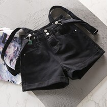 Braces shorts female summer detachable denim shorts 2022 new black high waist reduced-age loose broadleg hot pants
