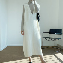 QINGLING Winter retro temperament Coarse Rod milky white V collar wool long style waistcoat Waistcoat Vest One-piece Dress