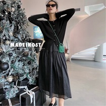 2022 Spring Summer New Pint Gao Class Sense Pearlescent Yarn Fluffy Dress Tightness Waist Breathable Reduced age pure color Long half body dress