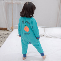 Childrens conjoined pajamas spring and autumn girls jumpsuit cotton thin one-year-old baby girl climbing suit anti-kicking home clothes