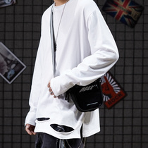 European and American fashion brand dark black high street handmade hole bereavement couple base shirt loose pure white long sleeve T-shirt men ins