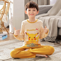 Childrens summer long-sleeved pajama suit Baby air conditioning clothes Pure cotton thin section Boys summer small boys Middle and large children