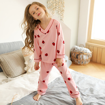 Childrens pajamas cotton girl Strawberry home suit set thin autumn dress middle child long sleeve girl spring and autumn