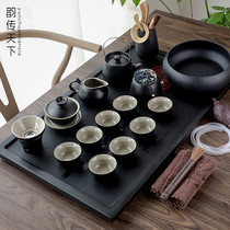 Wu Jinshi tea tray complete set of black pottery household cover bowl tea cup set Ceramic Teapot Kung Fu tea set Simple stone tea tray
