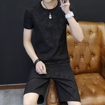 Ice silk casual set mens short sleeve T-shirt 2020 Summer new Korean trend mulberry silk sports two-piece set