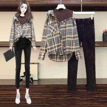 Single Piece Big Code Woman Dress Fat Mm Spring Suit Foreign Air Leave Two Long Sleeves Shirt Shade Long Pants Two Suits