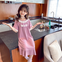 Childrens night dress Summer thin short-sleeved girls pure cotton pajamas Little girl home clothes Medium and large childrens dresses cute