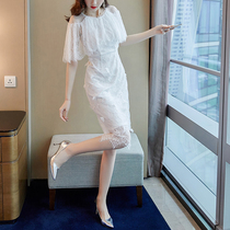 Japanese Women's Dress Lace 2021 Summer Hepburn Shoulder White Skinny Mesh Long Dress