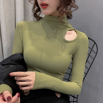 Half-height collar bottom-shirt woman inside lap 2019 autumn and winter foreign air Eurostock Sexy dew shoulder collarbone blouses long sleeve t-shirt tide