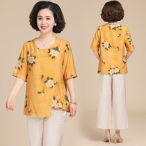 Middle-aged mother summer suit fashion short sleeve foreign style 2021 new old womens casual cotton linen two-piece set