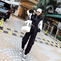 Overalls suit womens 2020 autumn loose and handsome casual leggings black harem pants short-sleeved western style two-piece suit