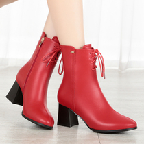 2021 new boots womens autumn and winter leather high-heeled thick-heeled womens boots red boots Martin boots spring and autumn boots