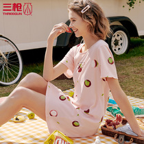 Three Shot Nightdress Womens Pajamas Summer Cotton Print Water Soft Cotton Round Neck Short Sleeve Ladies Home Dress 70339