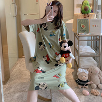 Sleeping Skirt Woman Summer Pure Cotton Short Sleeve Han Edition Student Cute Big Code Loose Fresh Pyjamas Skirt Summer Thin