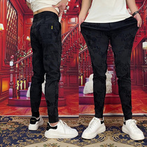 Jiang big head 2021 autumn new letter jacquard pants Korean trend casual pants closed small feet elastic slim