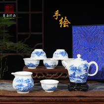 Jingdezhen Hand Painted Green Flowers Tea Set Hand-painted Gift Tea Set Pure Handmade Tea Set Chinese Gift Tea Set