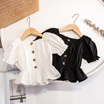 Girl Straight Shoulder Blister Blouse Blouse Blouse Han Edition Baby Foreign Air Pure Cotton Short Sleeve Doll Shirt Girl Shirt Shirt