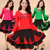 Square dance outfit suit spring and summer new dance suit blouse dresses horn sleeves Latin dancing clothes women