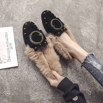 Tide brand 2021 Winter new wool shoes women flat Bean shoes wild net infrared wear plus velvet rabbit hair women shoes