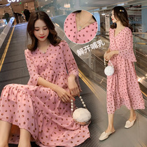 Pregnant Women summer skirt hipster coat pregnant belly V collar long chiffon skirt pregnant women nursing dual-use dress