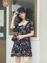 Seven Volume One cut small man dress 2021 new summer black carved lapel collar short sleeve print dress 207