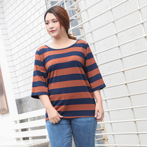 Autumn special fat size womens fat mm plus fat increase 200 Jin loose stripe T-shirt mid-sleeve belly coat cotton