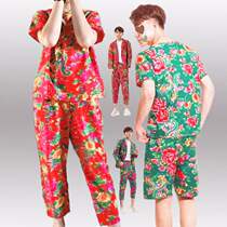 Ethnic style adult printed flower village girl red flower clothes mens suit retro shirt shorts big flower cloth country