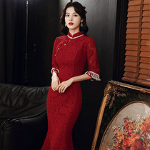 Bridal toast 2021 new fall red Chinese noble atmospheric fish tailoring to betrothed evening gown length