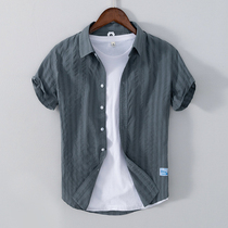 Japanese vertical stripe cotton short sleeve shirt mens summer thin casual top loose half sleeve cotton shirt tide