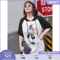 MSShe big code womens dress 2022 new summer dress cut-age bump color Even cap bronzing gold letter small cat printed long T-shirt