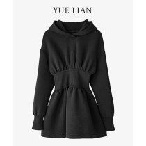 About Lotus black dress elastic waist hooded long sleeve design sense niche Street sweater skirt autumn dress 2021