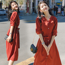 Chiffon mid-length dress 2021 new summer popular Korean skirt French v-neck solid color short-sleeved mid-length dress a