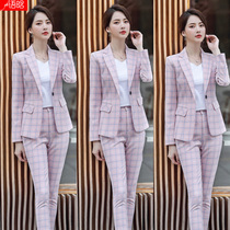 Pink suit net red women 2021 autumn fashion two-piece temperament plaid suit jacket business wear