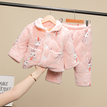 Childrens pajamas set for girls winter thickened flannel three-layer cotton autumn and winter female baby cotton home wear
